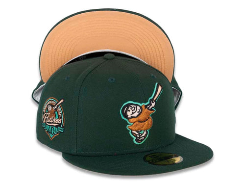 San Diego Padres New Era MLB 59FIFTY 5950 Fitted Cap Hat Dark Green Crown/Visor Metallic Copper/Peach Logo 40th Anniversary Side Patch Peach UV