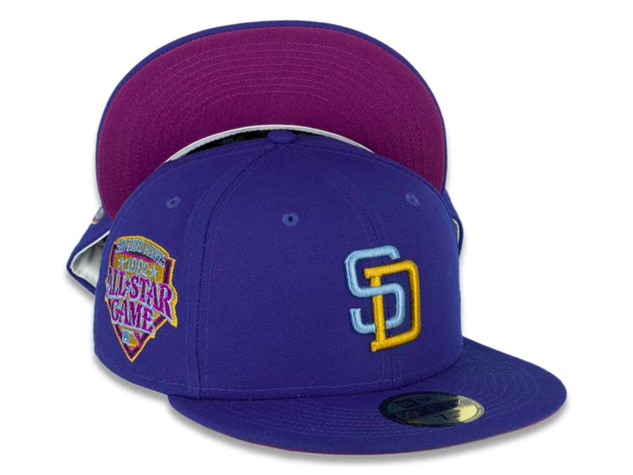 San Diego Padres New Era MLB 59FIFTY 5950 Fitted Cap Hat Light Royal Crown/Visor Sky Blue/Cheviot Gold Logo 1992 All-Star Game Side Patch Purple UV