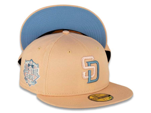 San Diego Padres New Era MLB 59FIFTY 5950 Fitted Cap Hat Blush Sky Crown/Visor Pink/Sky Blue Logo 2016 All-Star Game Side Patch Sky Blue UV
