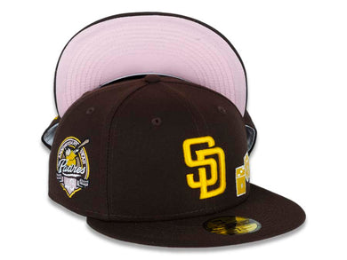 San Diego Padres New Era MLB 59FIFTY 5950 Fitted Cap Hat Dark Brown Crown/Visor Yellow Logo With Dice 40th Anniversary Side Patch Pink UV