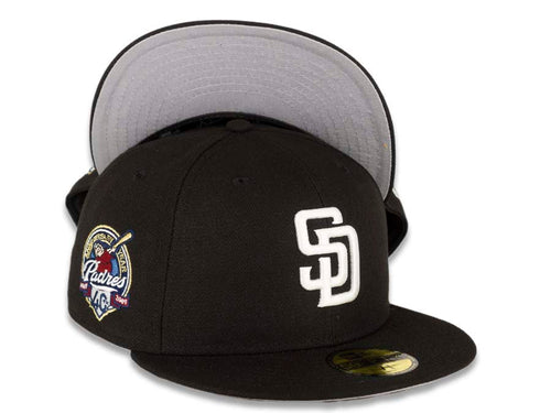 San Diego Padres New Era MLB 59Fifty 5950 Fitted Cap Hat Black Crown White Logo 40th Anniversary Side Patch