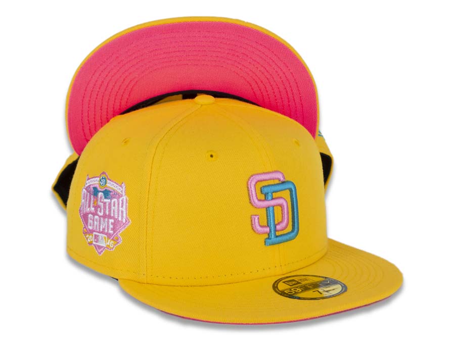 San Diego Padres New Era MLB 59FIFTY 5950 Fitted Cap Hat Canary Yellow Crown/Visor Wild Pink/Blue Logo 2016 All-Star Game Side Patch Pink Glow UV