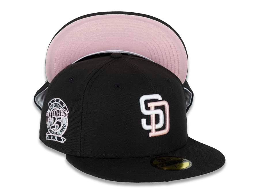 San Diego Padres New Era MLB 59Fifty 5950 Fitted Cap Hat Black Crown White/Pink Logo 25th Anniversary Side Patch Pink UV