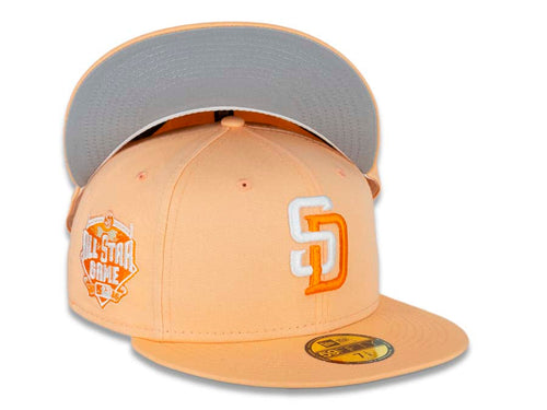 San Diego Padres New Era MLB 59FIFTY 5950 Fitted Cap Hat Peach Crown/Visor White/Dark Peach Logo 2016 All-Star Game Side Patch Gray UV