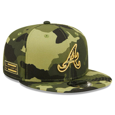 Atlanta Braves New Era MLB 9FIFTY 950 Snapback Cap Hat Camo Crown/Visor Camo Flag/Gold Logo (2022 Armed Forces Day)