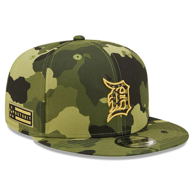 Detroit Tigers New Era MLB 9FIFTY 950 Snapback Cap Hat Camo Crown/Visor Camo Flag/Gold Logo (2022 Armed Forces Day)