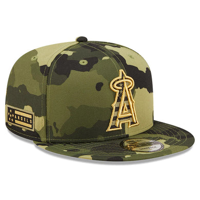 Los Angeles Anaheim Angels New Era MLB 9FIFTY 950 Snapback Cap Hat Camo Crown/Visor Camo Flag/Gold Logo (2022 Armed Forces Day)