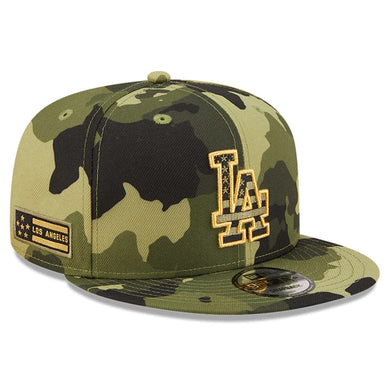 Los Angeles Dodgers New Era MLB 9FIFTY 950 Snapback Cap Hat Camo Crown/Visor Camo Flag/Gold Logo (2022 Armed Forces Day)