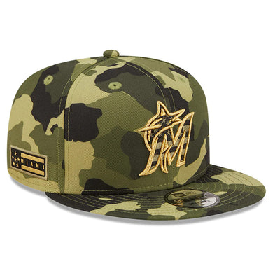 Miami Marlins New Era MLB 9FIFTY 950 Snapback Cap Hat Camo Crown/Visor Camo Flag/Gold Logo (2022 Armed Forces Day)