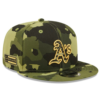 Oakland A's Athletics New Era MLB 9FIFTY 950 Snapback Cap Hat Camo Crown/Visor Camo Flag/Gold Logo (2022 Armed Forces Day)