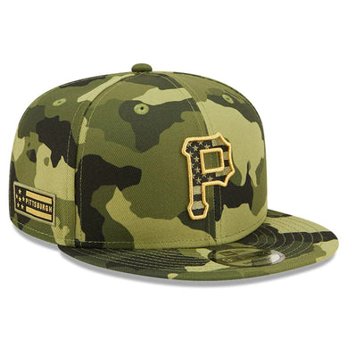 Pittsburgh Pirates New Era MLB 9FIFTY 950 Snapback Cap Hat Camo Crown/Visor Camo Flag/Gold Logo (2022 Armed Forces Day)