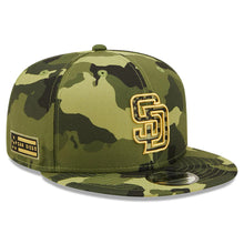 Load image into Gallery viewer, San Diego Padres New Era MLB 9FIFTY 950 Snapback Cap Hat Camo Crown/Visor Camo Flag/Gold Logo (2022 Armed Forces Day)
