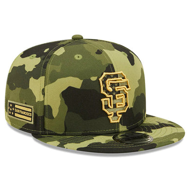 San Francisco Giants New Era MLB 9FIFTY 950 Snapback Cap Hat Camo Crown/Visor Camo Flag/Gold Logo (2022 Armed Forces Day)