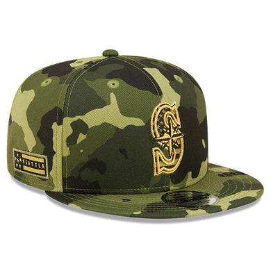Seattle Mariners New Era MLB 9FIFTY 950 Snapback Cap Hat Camo Crown/Visor Camo Flag/Gold Logo (2022 Armed Forces Day)