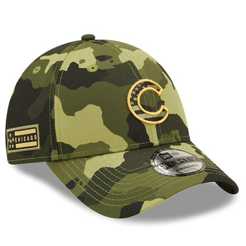 Chicago Cubs New Era MLB 9FORTY 940 Adjustable Cap Hat Camo Crown/Visor Camo Flag/Gold Logo (2022 Armed Forces Day)