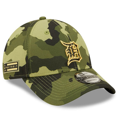 Detroit Tigers New Era MLB 9FORTY 940 Adjustable Cap Hat Camo Crown/Visor Camo Flag/Gold Logo (2022 Armed Forces Day)
