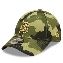 Load image into Gallery viewer, Detroit Tigers New Era MLB 9FORTY 940 Adjustable Cap Hat Camo Crown/Visor Camo Flag/Gold Logo (2022 Armed Forces Day)
