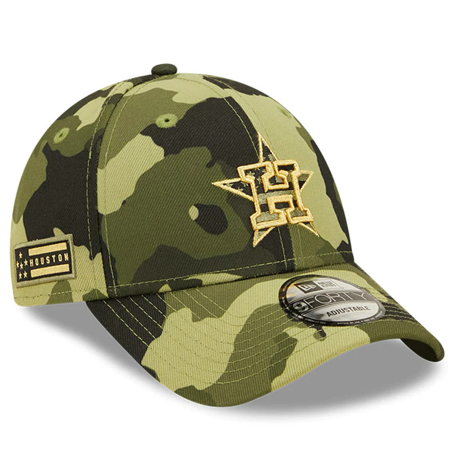 Houston Astros New Era MLB 9FORTY 940 Adjustable Cap Hat Camo Crown/Visor Camo Flag/Gold Logo (2022 Armed Forces Day)