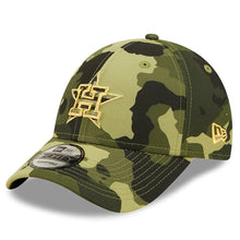 Load image into Gallery viewer, Houston Astros New Era MLB 9FORTY 940 Adjustable Cap Hat Camo Crown/Visor Camo Flag/Gold Logo (2022 Armed Forces Day)
