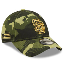 Load image into Gallery viewer, San Diego Padres New Era MLB 9FORTY 940 Adjustable Cap Hat Camo Crown/Visor Camo Flag/Gold Logo (2022 Armed Forces Day)
