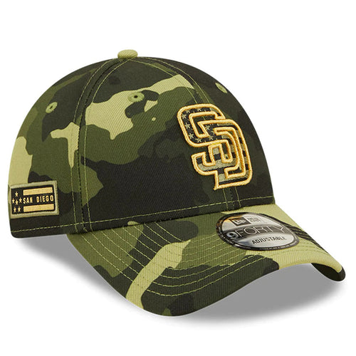 San Diego Padres New Era MLB 9FORTY 940 Adjustable Cap Hat Camo Crown/Visor Camo Flag/Gold Logo (2022 Armed Forces Day)