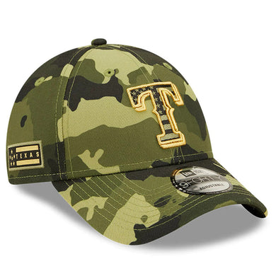 Texas Rangers New Era MLB 9FORTY 940 Adjustable Cap Hat Camo Crown/Visor Camo Flag/Gold Logo (2022 Armed Forces Day)