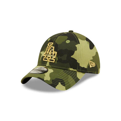 Los Angeles Dodgers New Era MLB 9TWENTY 920 Adjustable Cap Hat Camo Crown/Visor Camo Flag/Gold Logo (2022 Armed Forces Day)
