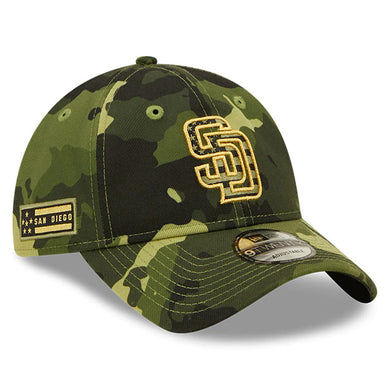 San Diego Padres New Era MLB 9TWENTY 920 Adjustable Cap Hat Camo Crown/Visor Camo Flag/Gold Logo (2022 Armed Forces Day)