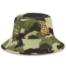 Load image into Gallery viewer, Los Angeles Dodgers New Era MLB Bucket Cap Hat Camo Crown/Visor Camo Flag/Gold Logo (2022 Armed Forces Day)
