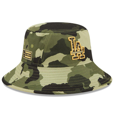 Los Angeles Dodgers New Era MLB Bucket Cap Hat Camo Crown/Visor Camo Flag/Gold Logo (2022 Armed Forces Day)