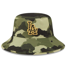 Load image into Gallery viewer, Los Angeles Dodgers New Era MLB Bucket Cap Hat Camo Crown/Visor Camo Flag/Gold Logo (2022 Armed Forces Day)
