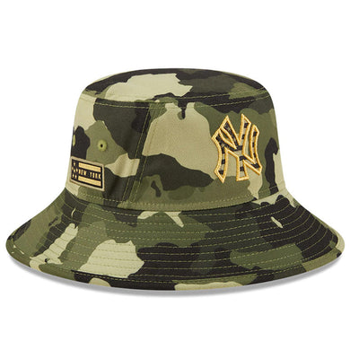 New York Yankees New Era MLB Bucket Cap Hat Camo Crown/Visor Camo Flag/Gold Logo (2022 Armed Forces Day)