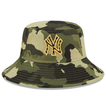 Load image into Gallery viewer, New York Yankees New Era MLB Bucket Cap Hat Camo Crown/Visor Camo Flag/Gold Logo (2022 Armed Forces Day)
