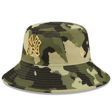 Load image into Gallery viewer, New York Yankees New Era MLB Bucket Cap Hat Camo Crown/Visor Camo Flag/Gold Logo (2022 Armed Forces Day)
