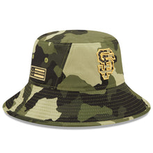 Load image into Gallery viewer, San Francisco Giants New Era MLB Bucket Cap Hat Camo Crown/Visor Camo Flag/Gold Logo (2022 Armed Forces Day)
