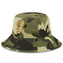 Load image into Gallery viewer, San Francisco Giants New Era MLB Bucket Cap Hat Camo Crown/Visor Camo Flag/Gold Logo (2022 Armed Forces Day)
