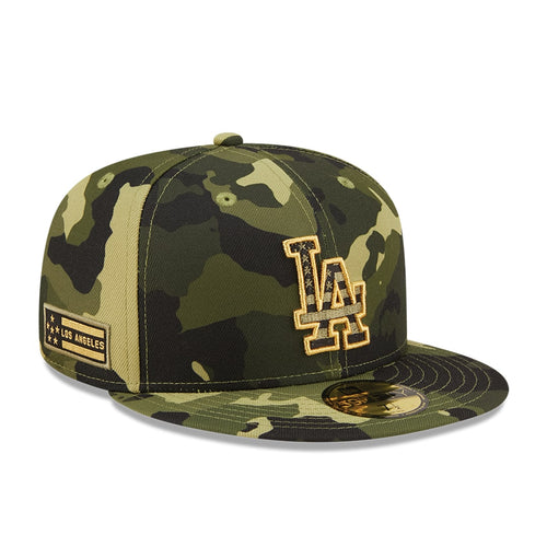 Los Angeles Dodgers New Era MLB 59FIFTY 5950 Fitted Cap Hat Camo Crown/Visor Camo/Metallic Gold Logo (2022 Armed Forces Day)