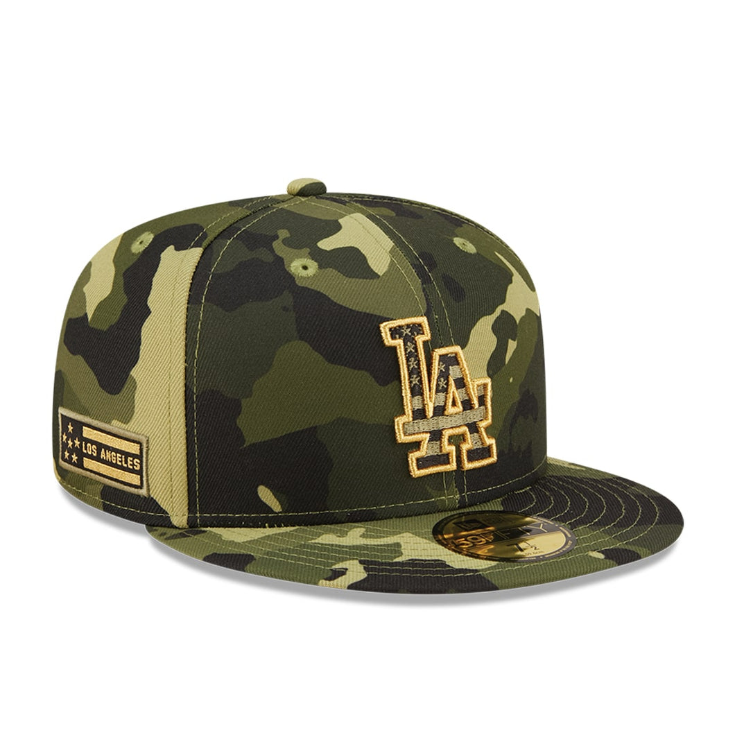 Los Angeles Dodgers New Era MLB 59FIFTY 5950 Fitted Cap Hat Camo Crown/Visor Camo/Metallic Gold Logo (2022 Armed Forces Day)