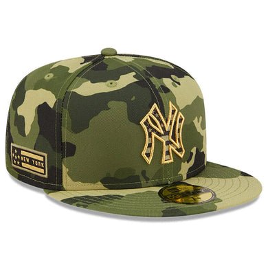 New York Yankees New Era MLB 59FIFTY 5950 Fitted Cap Hat Camo Crown/Visor Camo/Metallic Gold Logo (2022 Armed Forces Day)