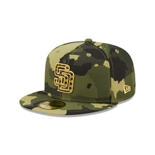 Load image into Gallery viewer, San Diego Padres New Era MLB 59FIFTY 5950 Fitted Cap Hat Camo Crown/Visor Camo Flag/Gold Logo (2022 Armed Forces Day)
