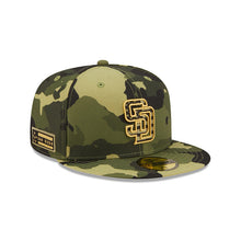 Load image into Gallery viewer, San Diego Padres New Era MLB 59FIFTY 5950 Fitted Cap Hat Camo Crown/Visor Camo Flag/Gold Logo (2022 Armed Forces Day)
