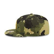 Load image into Gallery viewer, (Youth) San Diego Padres New Era MLB 59FIFTY 5950 Fitted Kid Cap Hat Camo Crown/Visor Camo/Metallic Gold Logo (2022 Armed Forces Day)
