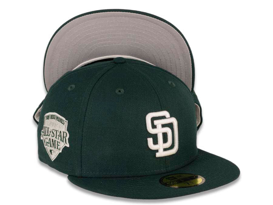 San Diego Padres New Era MLB 59FIFTY 5950 Fitted Cap Hat Dark Green Crown/Visor White Logo 1992 All-Star Game Side Patch Gray UV