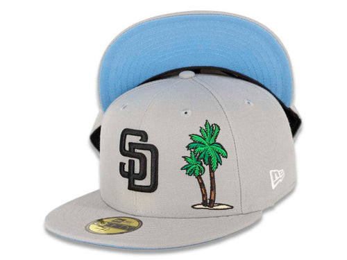 San Diego Padres New Era MLB 59FIFTY 5950 Fitted Cap Hat Gray Crown/Visor Black Logo with Palm Tree Taco on the Back Sky Blue UV