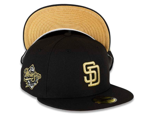 San Diego Padres New Era MLB 59FIFTY 5950 Fitted Cap Hat Black Crown/Visor Metallic Gold Logo 1998 World Series Side Patch Metallic Gold UV