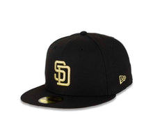 Load image into Gallery viewer, San Diego Padres New Era MLB 59FIFTY 5950 Fitted Cap Hat Black Crown/Visor Metallic Gold Logo 1998 World Series Side Patch Metallic Gold UV
