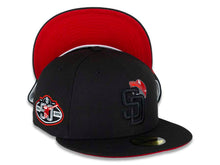 Load image into Gallery viewer, San Diego Padres New Era MLB 59FIFTY 5950 Fitted Cap Hat Black Crown/Visor Black/Red/White &quot;SD Cap&quot; Logo 50th Anniversary Side Patch Red UV
