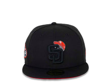 Load image into Gallery viewer, San Diego Padres New Era MLB 59FIFTY 5950 Fitted Cap Hat Black Crown/Visor Black/Red/White &quot;SD Cap&quot; Logo 50th Anniversary Side Patch Red UV
