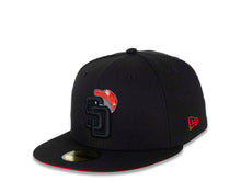 Load image into Gallery viewer, San Diego Padres New Era MLB 59FIFTY 5950 Fitted Cap Hat Black Crown/Visor Black/Red/White &quot;SD Cap&quot; Logo 50th Anniversary Side Patch Red UV
