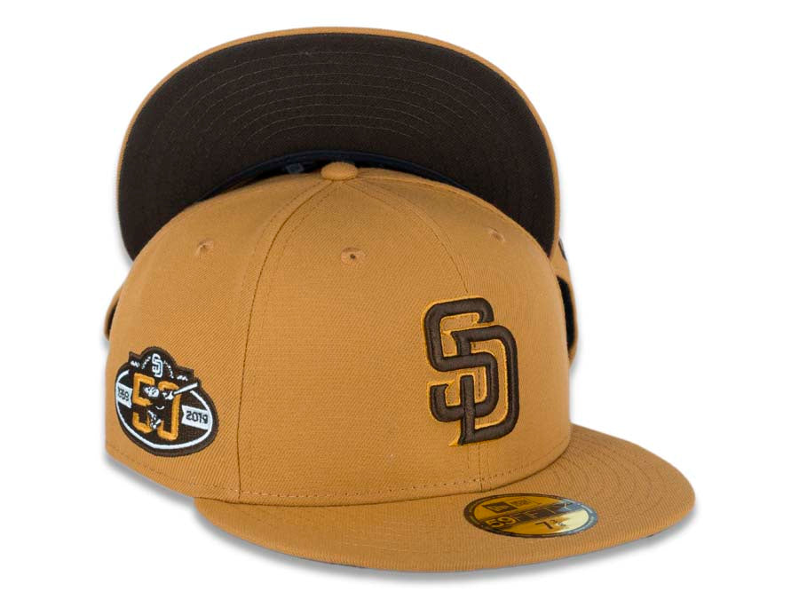 San Diego Padres New Era MLB 59FIFTY 5950 Fitted Cap Hat Panama Tan Crown/Visor Brown/Temple Gold Logo 50th Anniversary Side Patch Brown UV